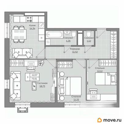 3-комн. квартира, 73.61 м&sup2;