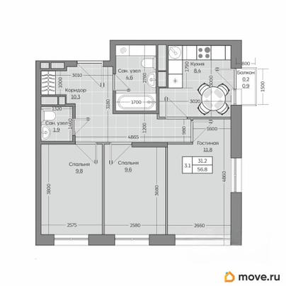 3-комн. квартира, 56.87 м&sup2;