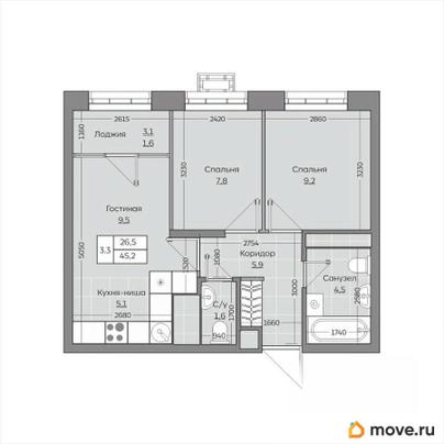 3-комн. квартира, 45.23 м&sup2;