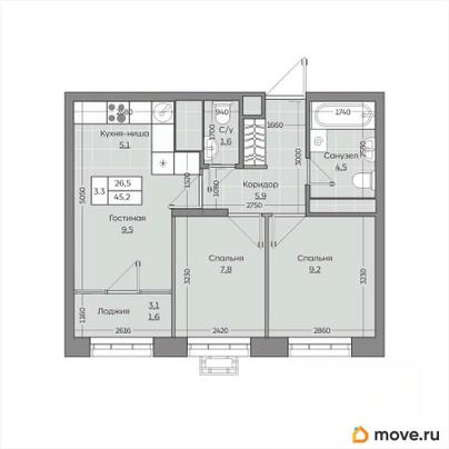 3-комн. квартира, 45.23 м&sup2;