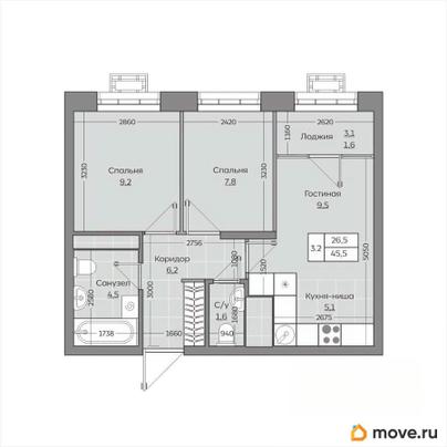 3-комн. квартира, 45.47 м&sup2;