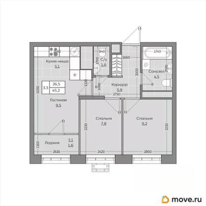 3-комн. квартира, 45.23 м&sup2;