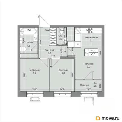 3-комн. квартира, 45.47 м&sup2;