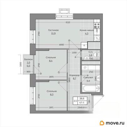 3-комн. квартира, 47.92 м&sup2;