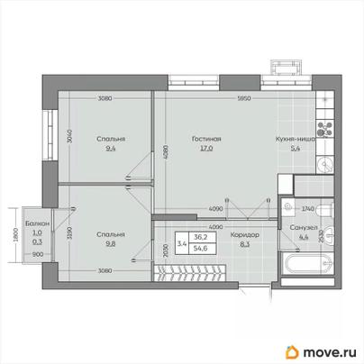 3-комн. квартира, 54.68 м&sup2;