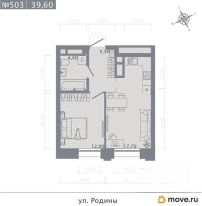 1-комн. квартира, 39.6 м&sup2;