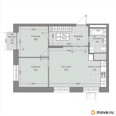 3-комн. квартира, 54.68 м&sup2;
