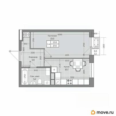 1-комн. квартира, 37.02 м&sup2;