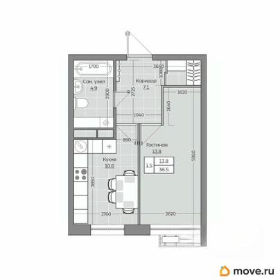 1-комн. квартира, 36.52 м&sup2;