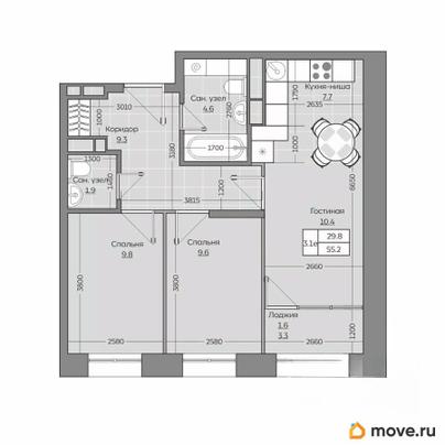 3-комн. квартира, 55.23 м&sup2;