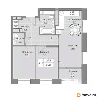 3-комн. квартира, 54.92 м&sup2;