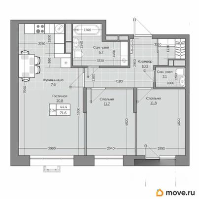 3-комн. квартира, 71.71 м&sup2;