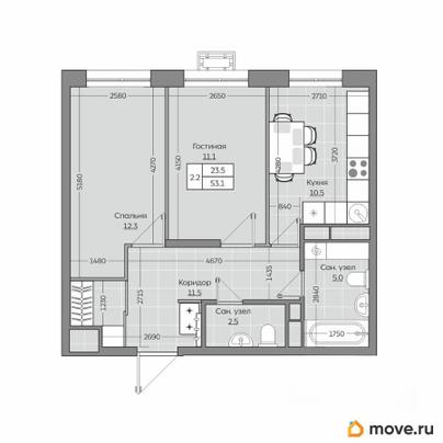 2-комн. квартира, 53.11 м&sup2;