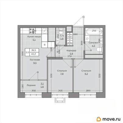 3-комн. квартира, 45.23 м&sup2;