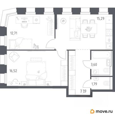 2-комн. квартира, 57.3 м&sup2;