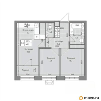3-комн. квартира, 45.21 м&sup2;