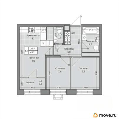 3-комн. квартира, 45.21 м&sup2;