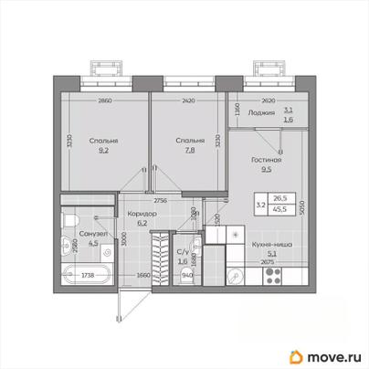 3-комн. квартира, 45.46 м&sup2;