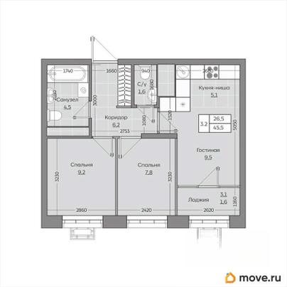 3-комн. квартира, 45.46 м&sup2;