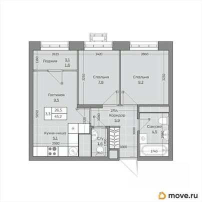 3-комн. квартира, 45.21 м&sup2;