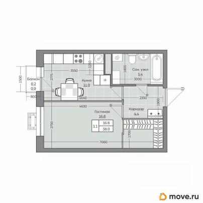 1-комн. квартира, 38.03 м&sup2;