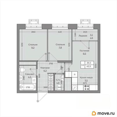 3-комн. квартира, 45.46 м&sup2;