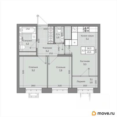 3-комн. квартира, 45.46 м&sup2;