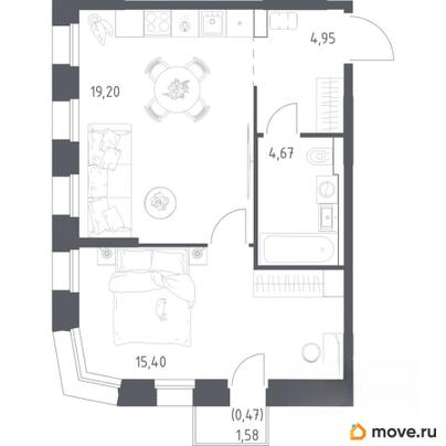 1-комн. квартира, 44.69 м&sup2;