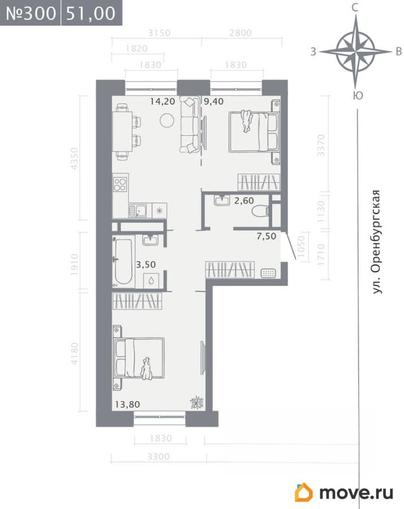 2-комн. квартира, 51 м&sup2;