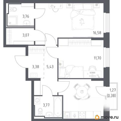 2-комн. квартира, 59.35 м&sup2;