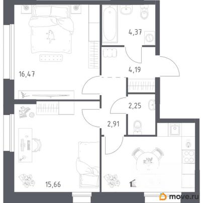 2-комн. квартира, 57.39 м&sup2;