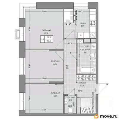 3-комн. квартира, 70.11 м&sup2;