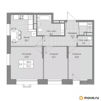 3-комн. квартира, 71.33 м&sup2;