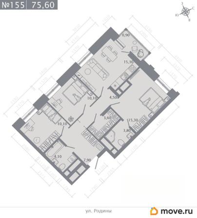 3-комн. квартира, 75.6 м&sup2;