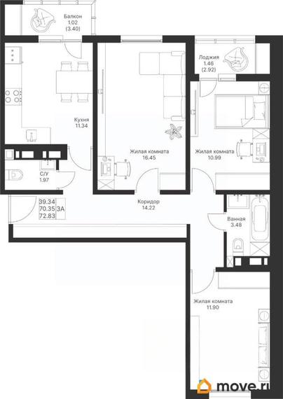 3-комн. квартира, 72.83 м&sup2;