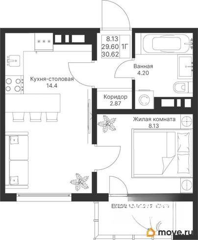 1-комн. квартира, 30.62 м&sup2;