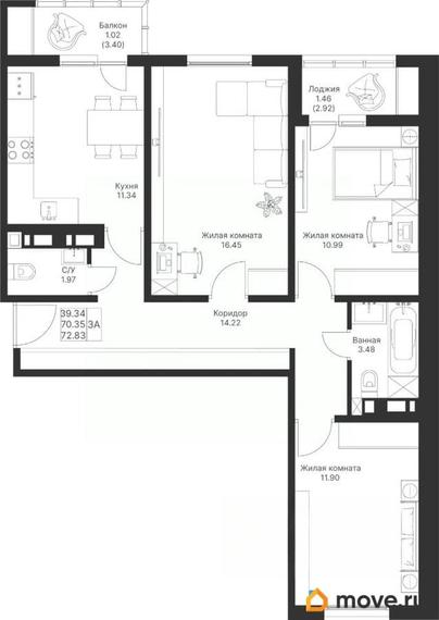 3-комн. квартира, 72.83 м&sup2;