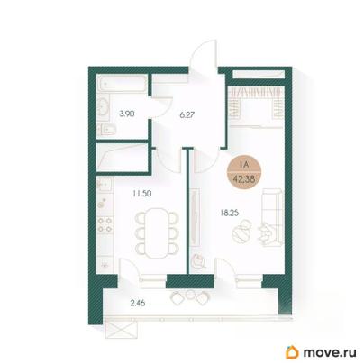 1-комн. квартира, 42.38 м&sup2;