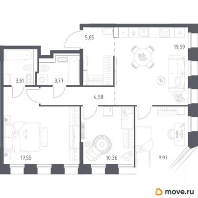3-комн. квартира, 75.28 м&sup2;