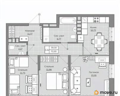 3-комн. квартира, 70.93 м&sup2;
