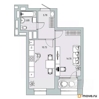 1-комн. квартира, 41.6 м&sup2;