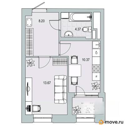 1-комн. квартира, 38.21 м&sup2;