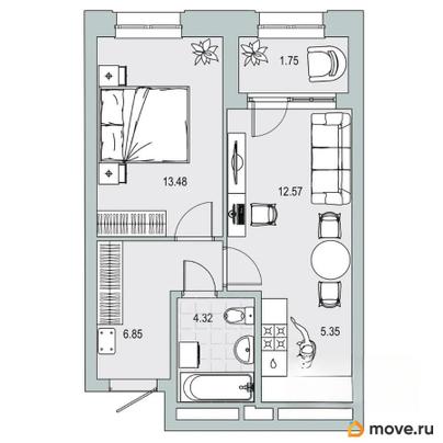 2-комн. квартира, 44.32 м&sup2;