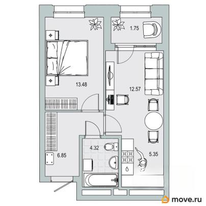 2-комн. квартира, 44.32 м&sup2;