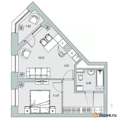 2-комн. квартира, 45.29 м&sup2;