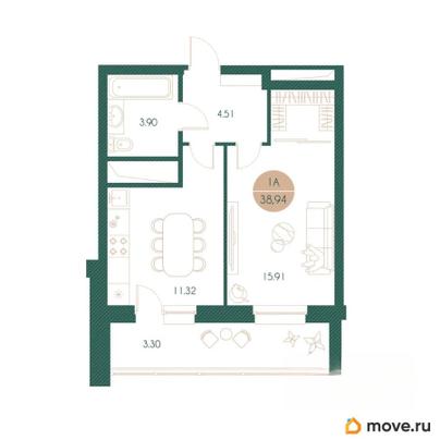 1-комн. квартира, 38.94 м&sup2;