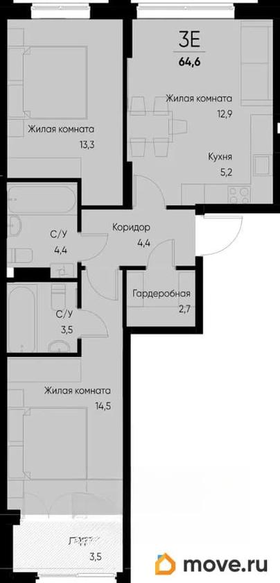 3-комн. квартира, 62.7 м&sup2;