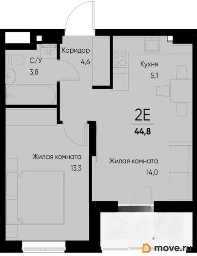 2-комн. квартира, 42.8 м&sup2;