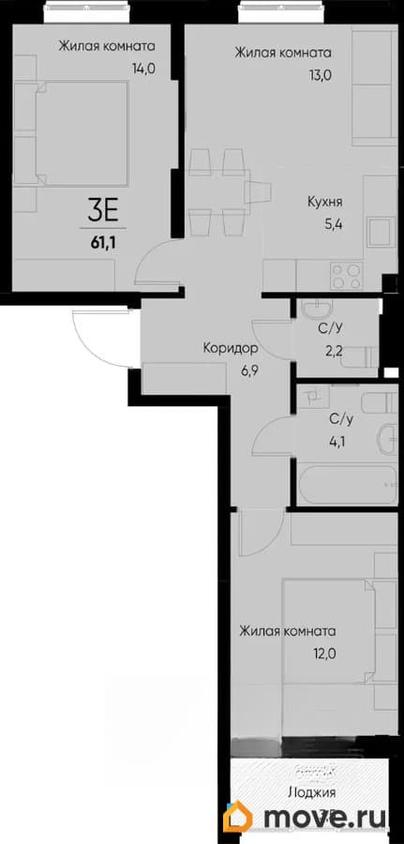 3-комн. квартира, 59.4 м&sup2;