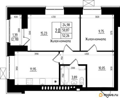 2-комн. квартира, 52.26 м&sup2;